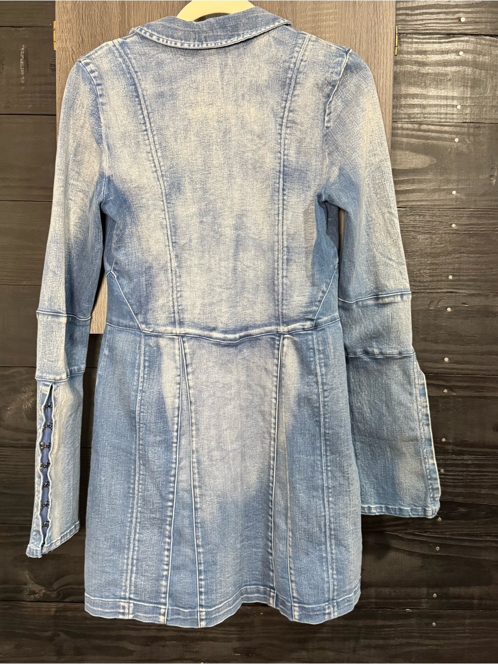 Free People Thea Denim Snap Front Fit & Flare Mini Dress Bell Sleeve Small - Picture 8 of 8